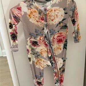 Posh Peanut Floral Ruffle Footie in Taupe, Pink, Cream